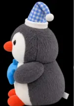 Cute Plush Penguin Soft Toy with Blue Fish & Gingham Party Hat - Image 2
