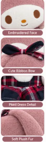 Cute Pink Bunny Plush Toy in Plaid Dress - Image 2