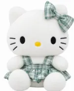 Cute White Cat Plush Toy with Plaid Dress & Bow