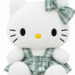 Cute White Cat Plush Toy with Plaid Dress & Bow