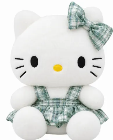 Cute White Cat Plush Toy with Plaid Dress & Bow