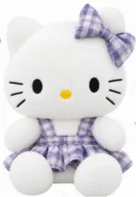 Cute White Cat Plush Toy with Plaid Dress & Bow - Image 4