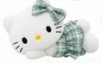 Cute White Cat Plush Toy with Plaid Dress & Bow - Image 2