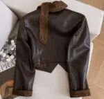 Ribbon V-Neck PU Leather Blazer - Image 3