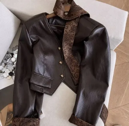Ribbon V-Neck PU Leather Blazer