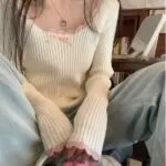 Color Block Crochet Bow Knit Top