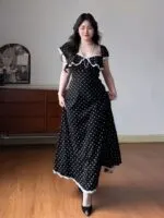 Black Polka Dot Short Sleeve Maxi Dress - Image 2