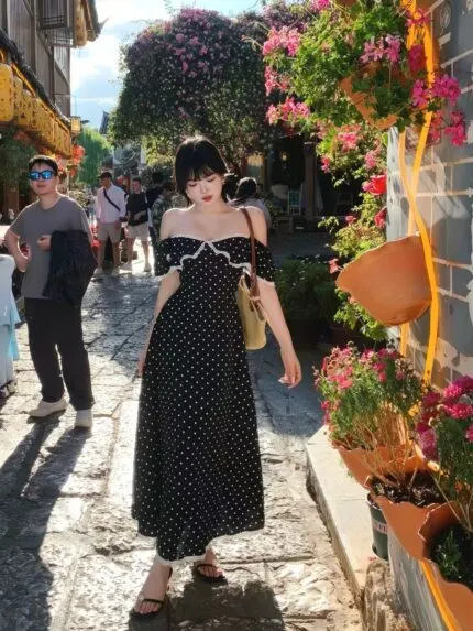 Black Polka Dot Short Sleeve Maxi Dress