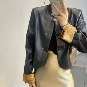 Retro Chinese Style Faux Leather Cropped Jacket