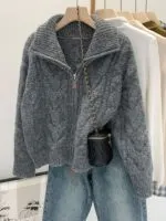 Collared Chunky Knit Zip-Up Cardigan - Image 6