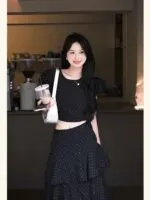Elegant Black Polka Dot Puff Sleeve Top & Skirt Set - Image 2