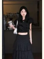 Elegant Black Polka Dot Puff Sleeve Top & Skirt Set - Image 8