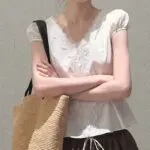 Lace V-Neck Slim Fit Waist Shirt - Image 2
