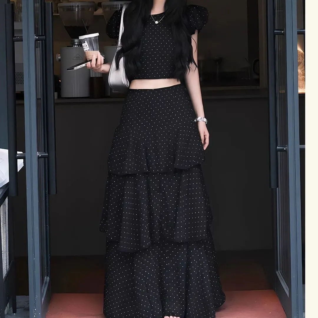 Main Images6 Elegant Black Polka Dot Puff Sleeve Top & Skirt Set - Image 1