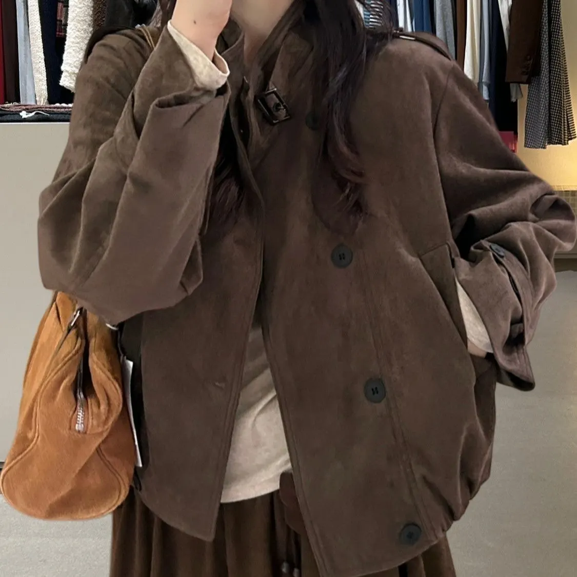 Main Images7 Retro Stand Collar Suede Cropped Jacket - Image 1