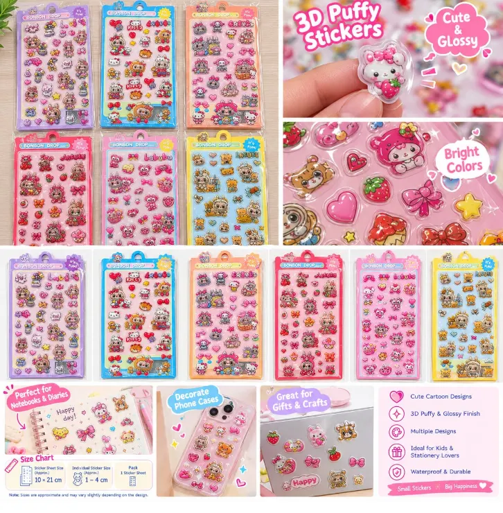 Screenshot 2026-09-06 172357 Cute 3D Puffy Cartoon Stickers | Kawaii Waterproof Decorative Stickers for Kids & Stationery - Image 1