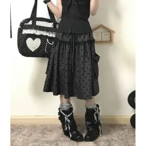 Black Polka Dot Tiered Midi Skirt