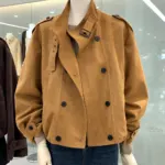 Retro Stand Collar Suede Cropped Jacket - Image 8
