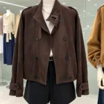 Retro Stand Collar Suede Cropped Jacket - Image 7