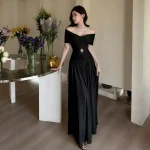 Black off-shoulder lace-panel maxi dress, full-length view