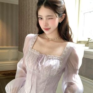Women’s Lilac Square-Neck Long-Sleeve Maxi Dress