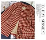 Back view of red and cream houndstooth cropped jacket