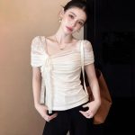 Women’s Lace Bow-Tie Off-Shoulder Fitted Tee