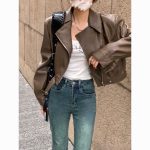 European Style Lapel Short PU Leather Jacket for Women - Petite Fit, Street Style - Image 4
