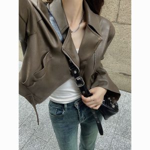 European Style Lapel Short PU Leather Jacket for Women - Petite Fit, Street Style