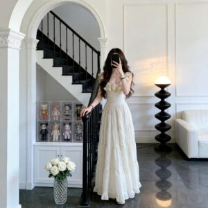 French Ruffle Strap Maxi Vacation Dress