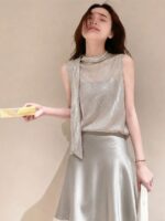 Elegant Grey Sequin Ribbon Top & Satin Midi Skirt Set