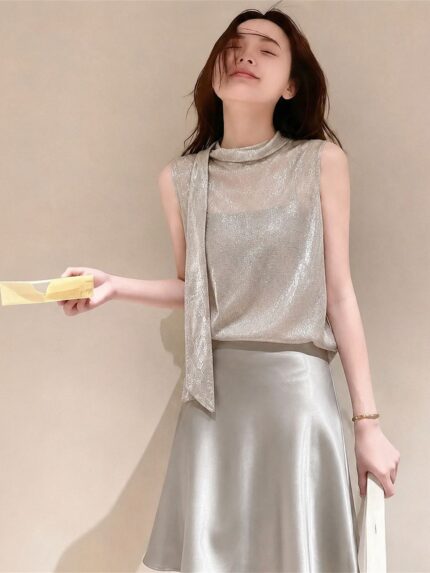 Elegant Grey Sequin Ribbon Top & Satin Midi Skirt Set