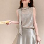 Elegant Grey Sequin Ribbon Top & Satin Midi Skirt Set