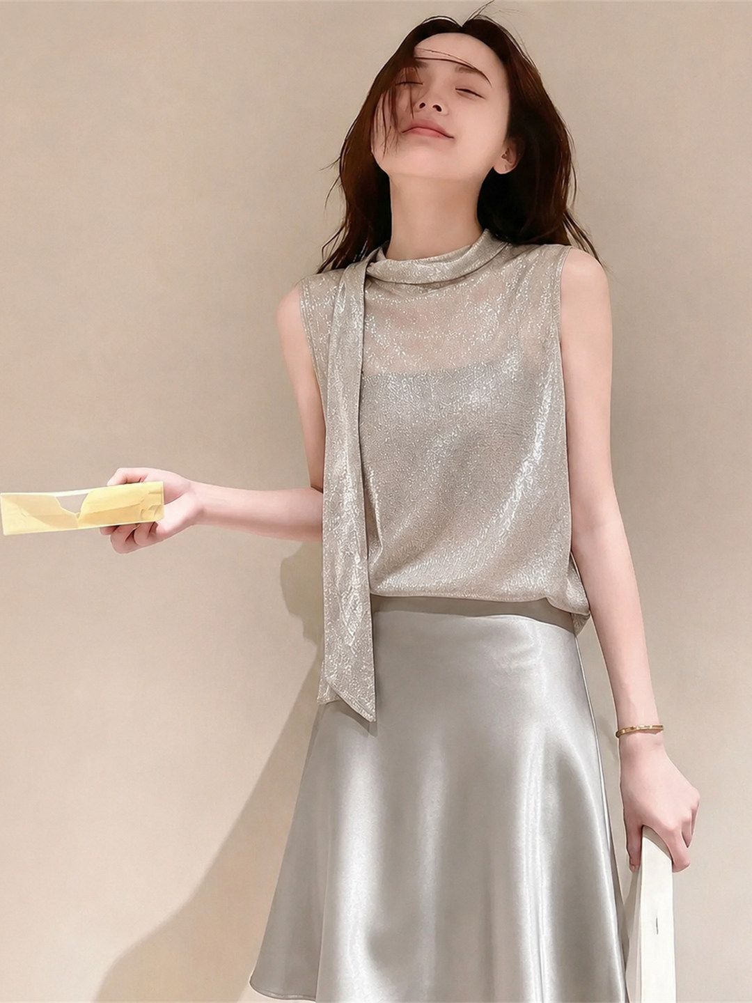 Main Images1 Elegant Grey Sequin Ribbon Top & Satin Midi Skirt Set - Image 1