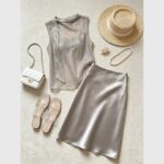 Elegant Grey Sequin Ribbon Top & Satin Midi Skirt Set - Image 2