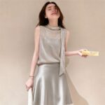 Elegant Grey Sequin Ribbon Top & Satin Midi Skirt Set - Image 4