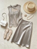Elegant Grey Sequin Ribbon Top & Satin Midi Skirt Set - Image 5