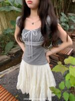 Sweet Bow Detail Square Neck Lace Puff Sleeve Top - Image 13