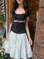Sweet Bow Detail Square Neck Lace Puff Sleeve Top