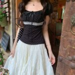 Sweet Bow Detail Square Neck Lace Puff Sleeve Top
