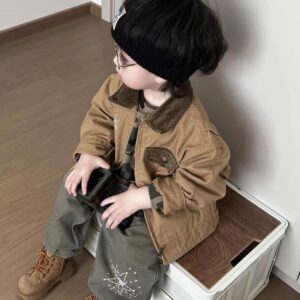 Boys Color Block Letter Print Turn-Down Collar Jacket