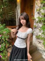 Sweet Bow Detail Square Neck Lace Puff Sleeve Top - Image 9