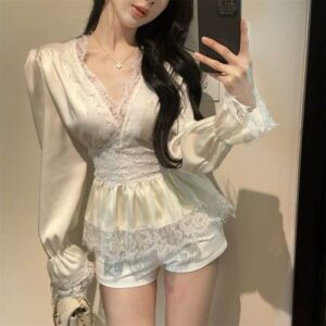 Satin Lace V-Neck Slim-Fit Blouse