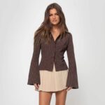 Brown Striped Slim-Fit Flare Sleeve Shirt - Image 2