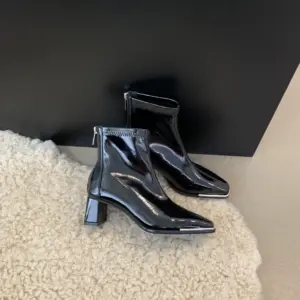 Chunky Heel Square Toe Black Patent Leather Boots