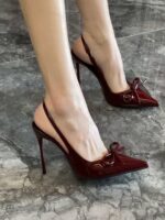 Burgundy Pointed-Toe Bow Strap High Heels - Image 6