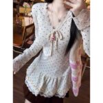 Bow Heart Polka Dot Lace V Neck Top