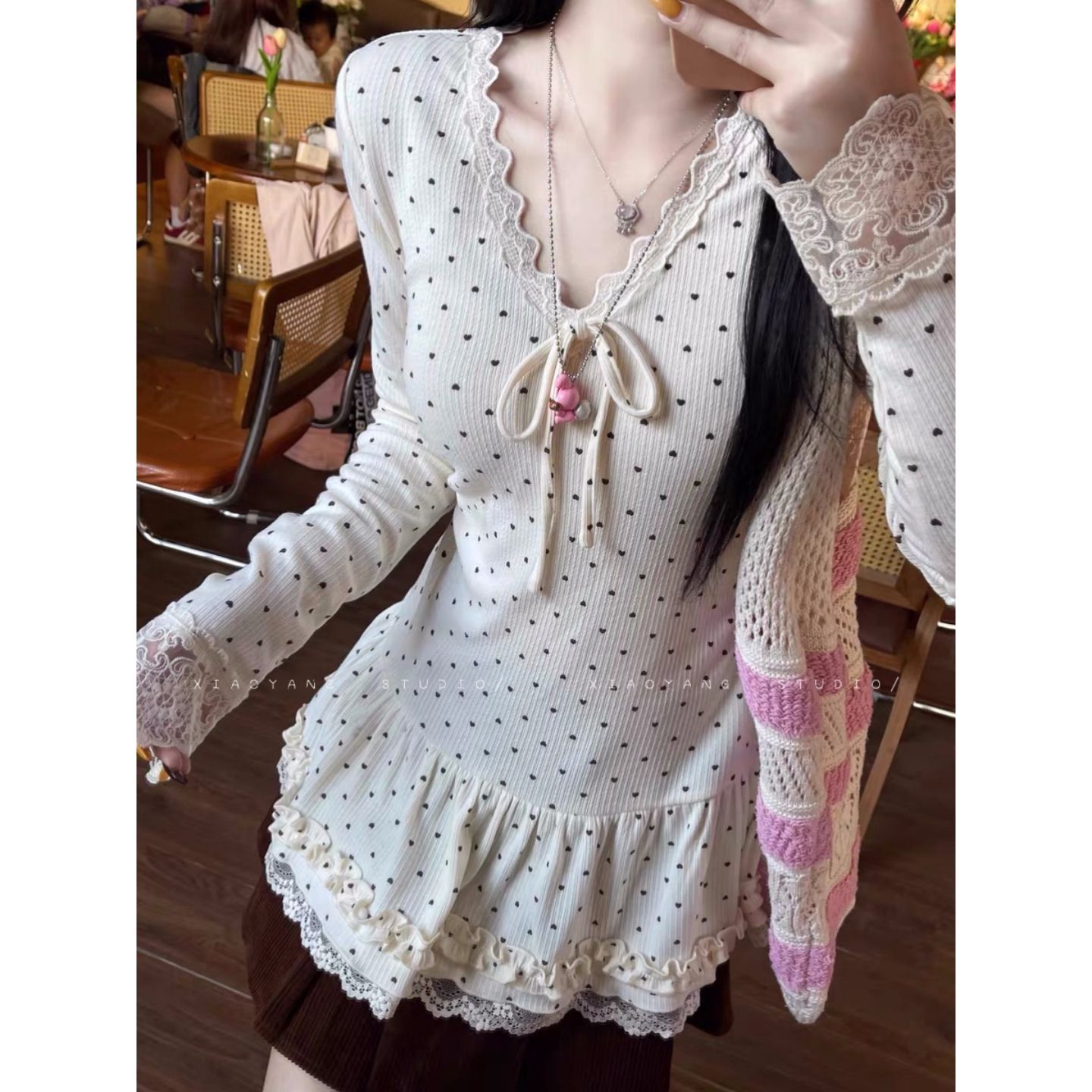 76569ef0-e105-4773-a504-f254de33a74d Bow Heart Polka Dot Lace V Neck Top - Image 1