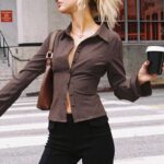 Brown Striped Slim-Fit Flare Sleeve Shirt - Image 5