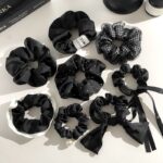 Black Satin Ribbon Scrunchie with Rhinestone Mesh Bow - Image 7